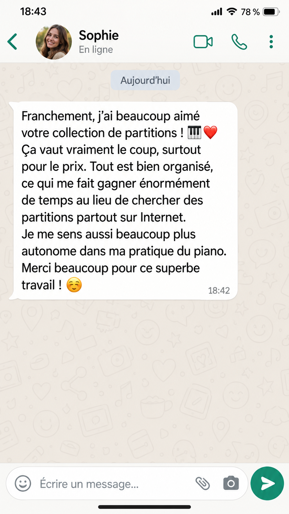 Avis WhatsApp de Sophie sur la collection de partitions